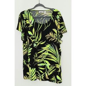 Susan Graver Blouse Women's Size 1X Black Green Tropical Liquid Knit Pre-owned